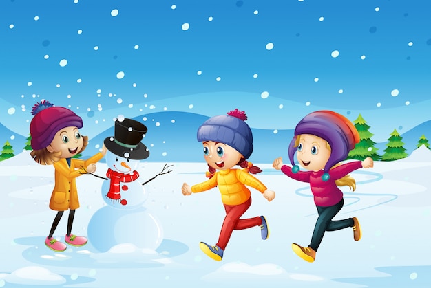 Vettore gratuito tre bambini che giocano a pupazzo di neve nel campo di neve