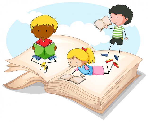3人の子供がストーリーブックを読む