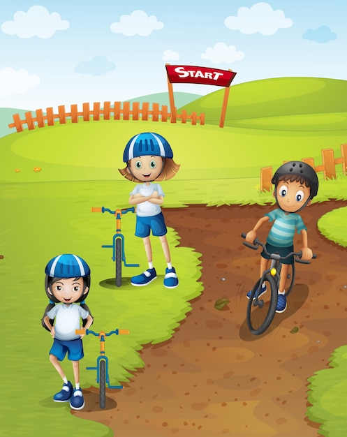 Three kids riding bicycle in the track