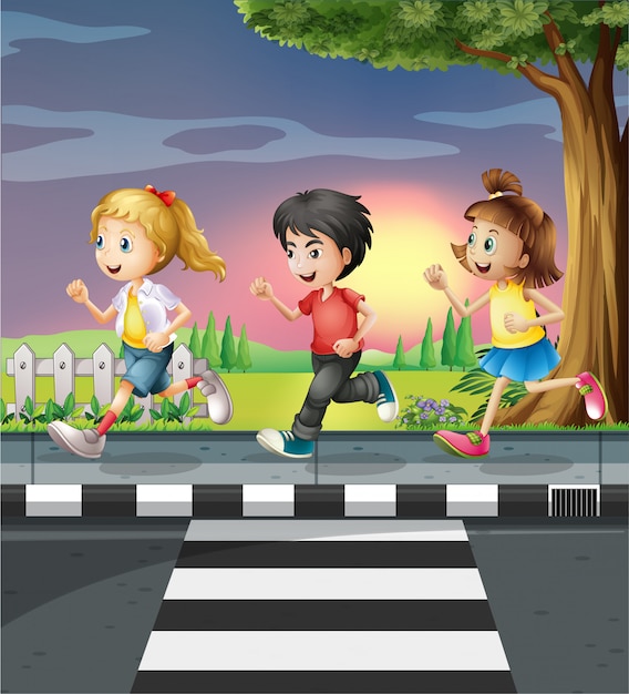 Free vector three kids running along the road