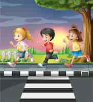 Бесплатное векторное изображение Трое детей бегут по дороге