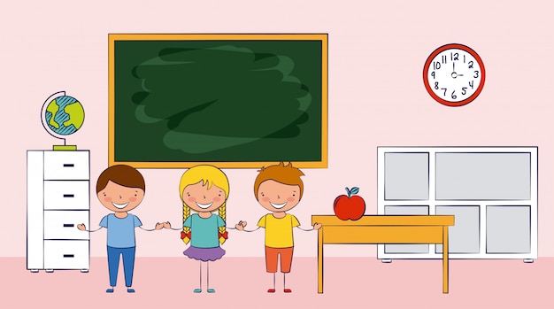 Tre bambini in una scuola con l'illustrazione degli elementi della scuola