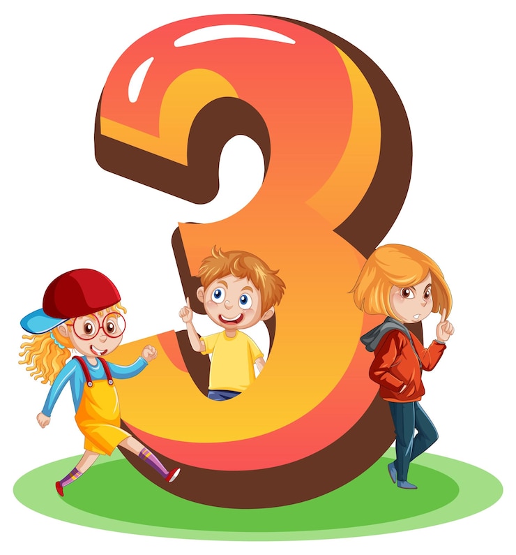 मुफ़्त वेक्टर three kids with number three cartoon