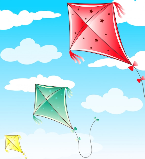 Free vector three kites flying in blue sky