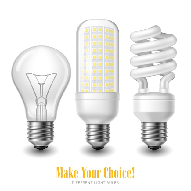 Бесплатное векторное изображение Три светодиодные лампочки различной формы на белом фоне