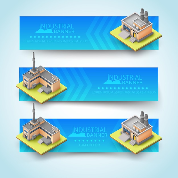 Три голубых горизонтальных баннера с различными типами промышленных зданий