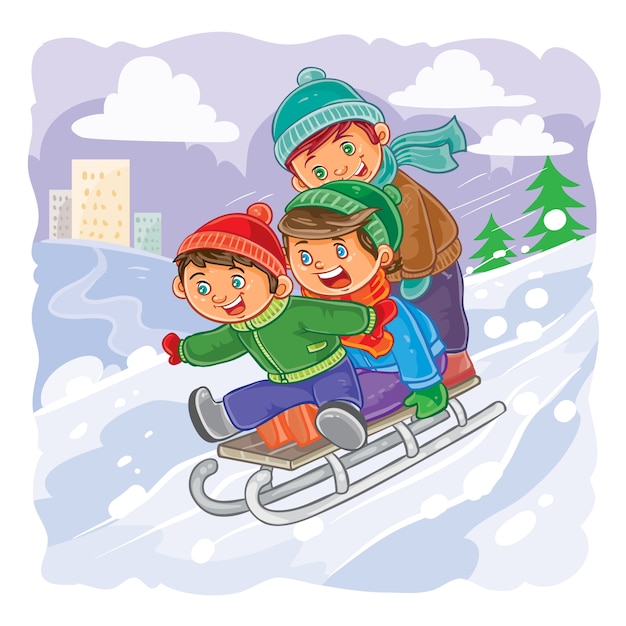 Три маленьких мальчика катаются вместе на санях с холма