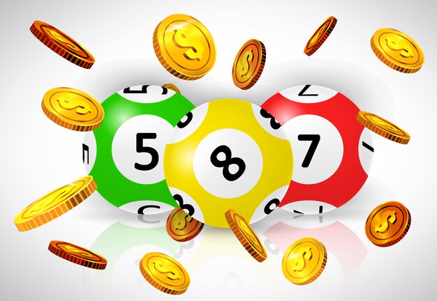 Three lottery balls and flying golden coins on white background. 