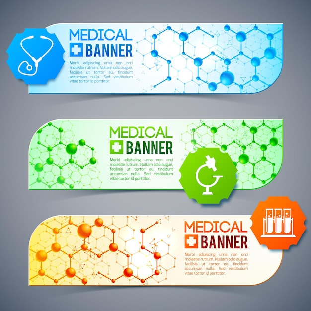 Три медицинских баннера с символами и знаками, лекарственными капсулами и различными предметами