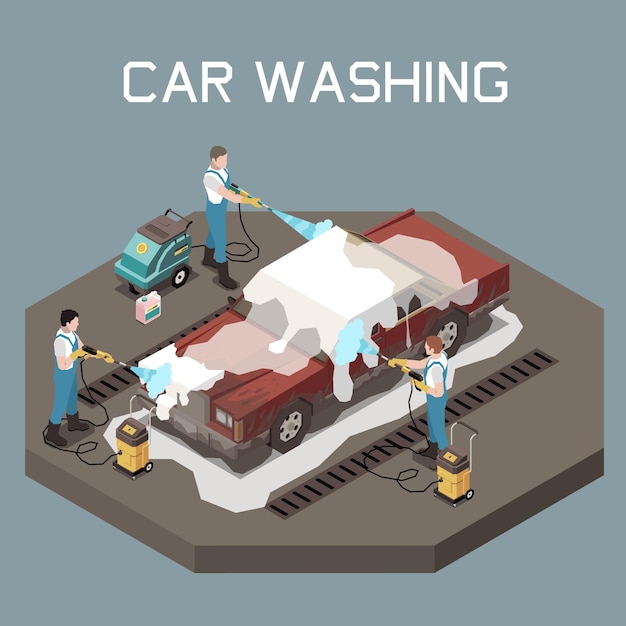 Free vector three men in uniform washing passenger car with high pressure washer isometric concept