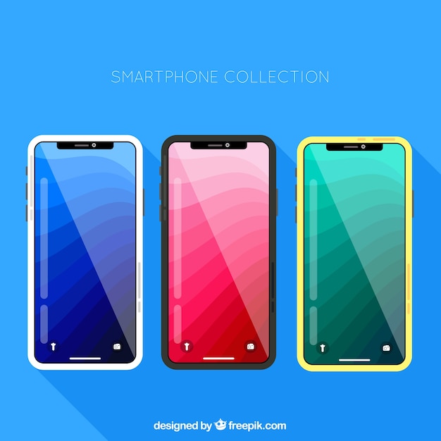 Three mobile phones in different colors