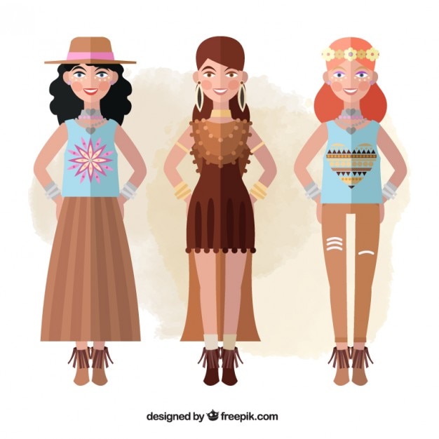 보헤미안 스타일의 옷을 입은 세 가지 모델