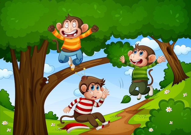 ジャングルのシーンでジャンプする3匹の猿
