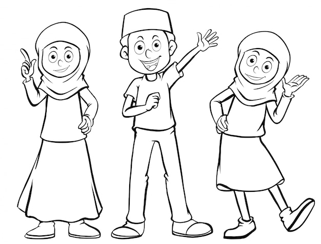 Three muslim characters with happy face