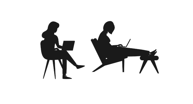 Free vector three people sit in chairs with one of them reading, one of them is using a laptop.