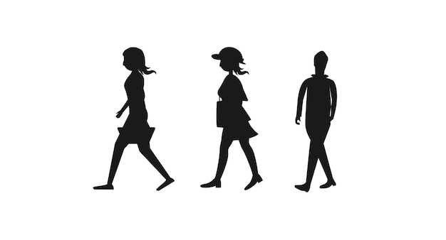 Free vector three people walking in silhouettes, one of which is a man and the other is wearing a hat.