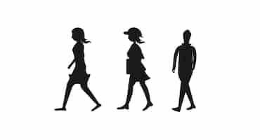 Free vector three people walking in silhouettes, one of which is a man and the other is wearing a hat.