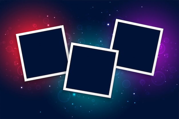 Three photo frames with glowing light effect background