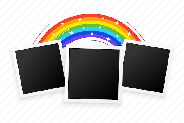 虹の背景デザインの3つのフォトフレーム