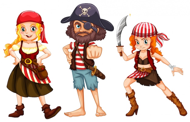 Три пиратских персонажа на белом фоне
