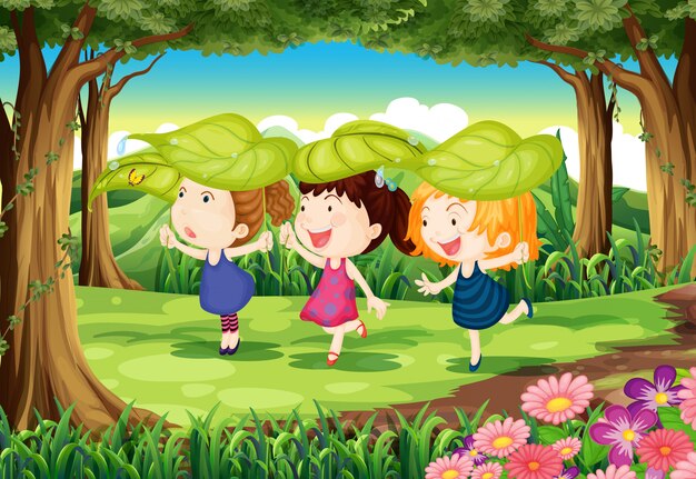 Три игривые дети в лесу
