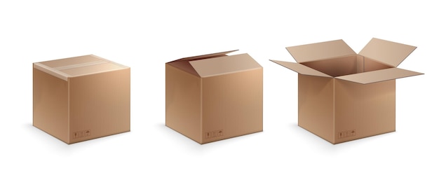 Три положения картонной коробки открыты закрытыми и запечатанными изолированы на белом фоне векторной иллюстрации