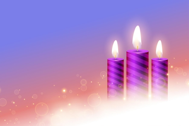 Three purple advent church candles realistic background