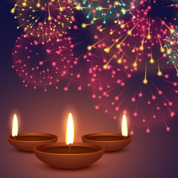 Free vector three realistic candles with fireworks for diwali