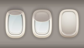Free vector three realistic portholes of airplane from white plastic with open and closed window shades vector i