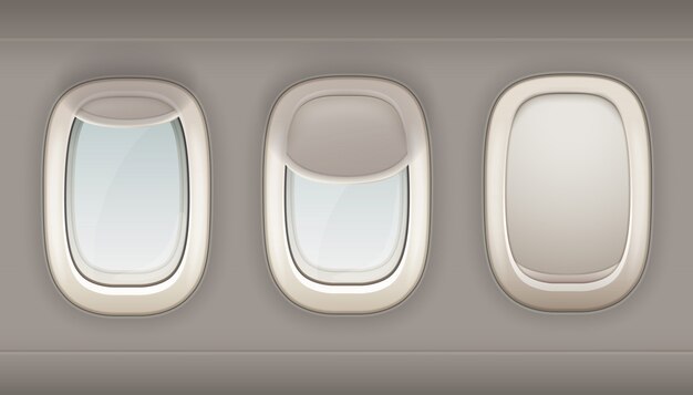 열리고 닫힌 창 음영 흰색 플라스틱에서 비행기의 3 개의 현실적인 현 창 나 벡터