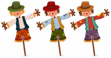 Free vector three scarecrows on wooden sticks illustration