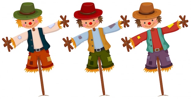 Three scarecrows on wooden sticks illustration