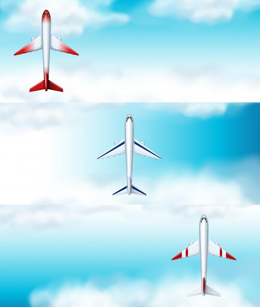 昼間に飛んでいる飛行機の3つのシーンの背景の背景