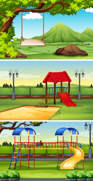 無料ベクター 公園と遊び場の3つのシーンの背景