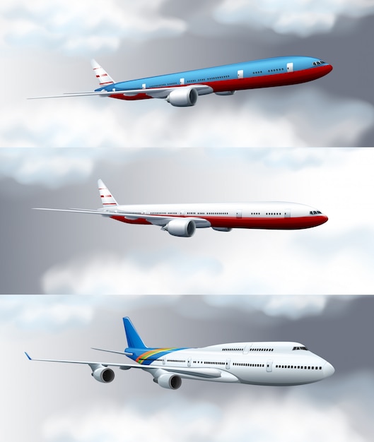 Three scene backgrounds with jet planes flying in sky