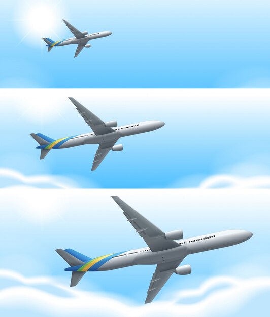 Три сцены полета самолета в небе