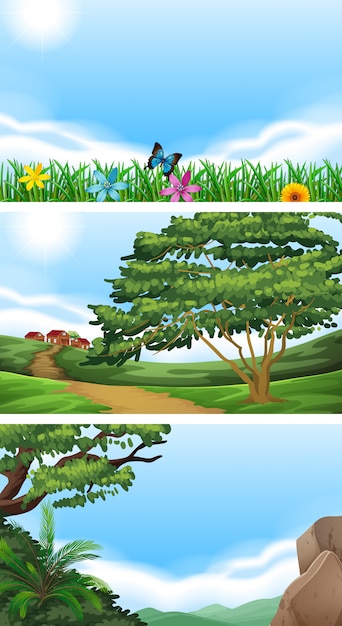 Free vector three scenes with field and hills