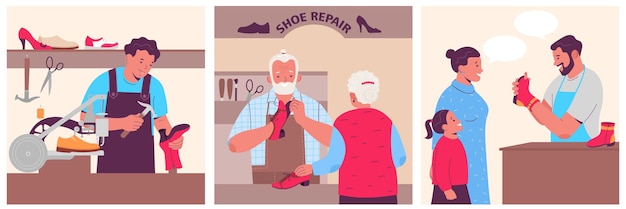 Free vector three shoe repair flat illustration set with masters repairs shoes or assesses shoe damage with customers vector illustration