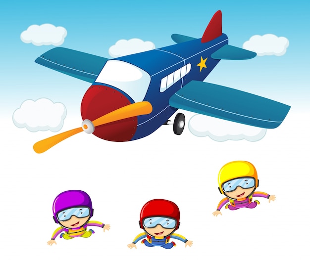 Free vector three sky divers jumping out the airplane