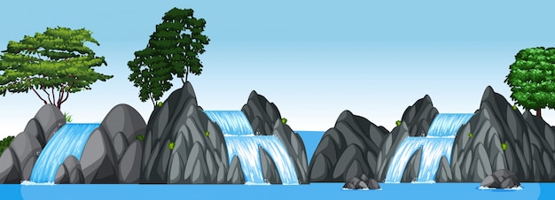 Free vector three small waterfalls and big lake