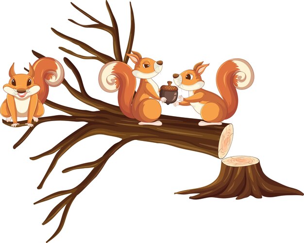 Three squirrels sitting on the log