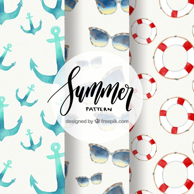 three summer patterns with elements in watercolor style