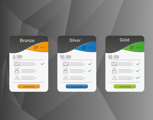Three tariffs banners. web pricing table.   for web app. price list.