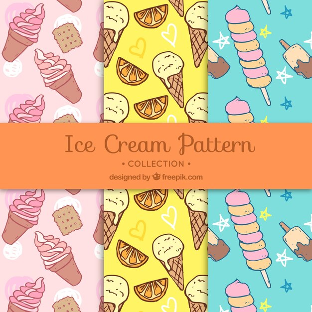 手描きのアイスクリームで3つのおいしいパターン