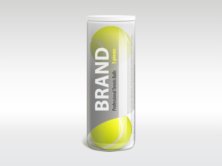 Free Vector three tennis balls in branded glossy transparent plastic tube 