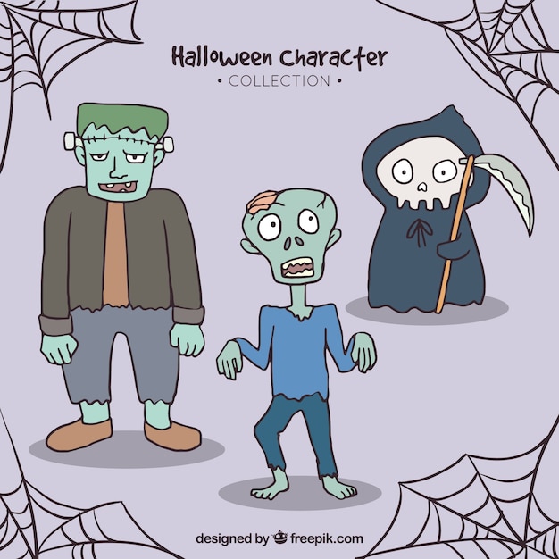 ハロウィンの典型的な3人のキャラクターを手描きのスタイルで