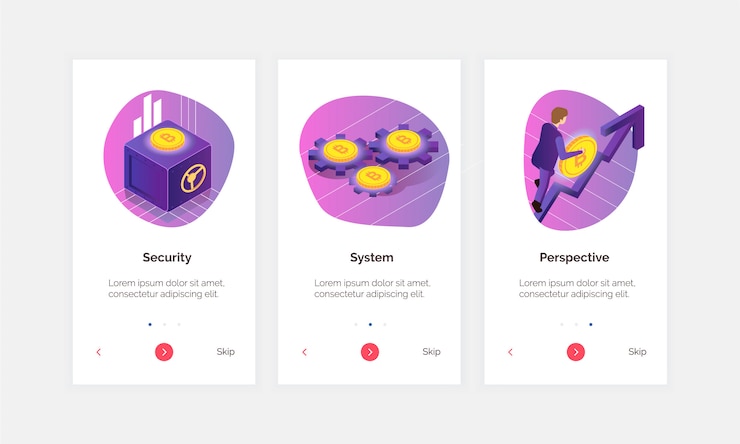 Free Vector three vertical cryptocurrency banners set with bitcoins storage safe and gear wheels 3d isometric isolated vector illustration