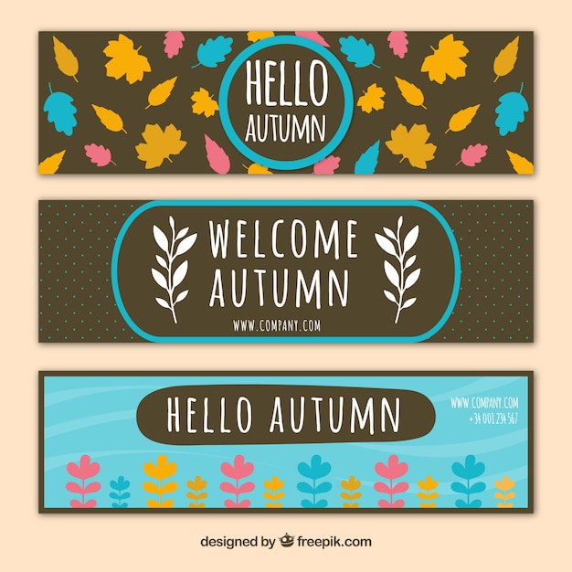 Free vector three vintage banners of colorful leaves set