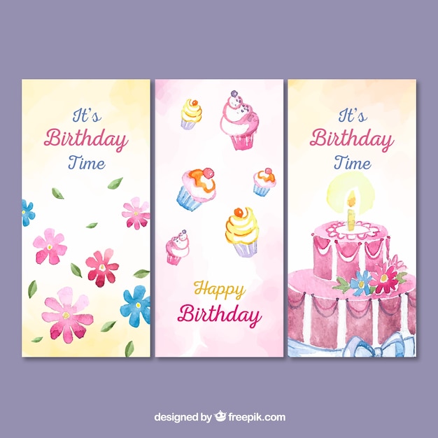 Three watercolour birthday cards