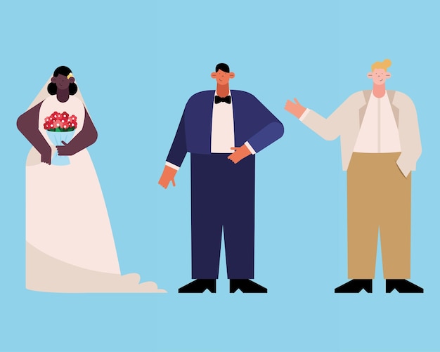 Free vector three wedding interracial characters group